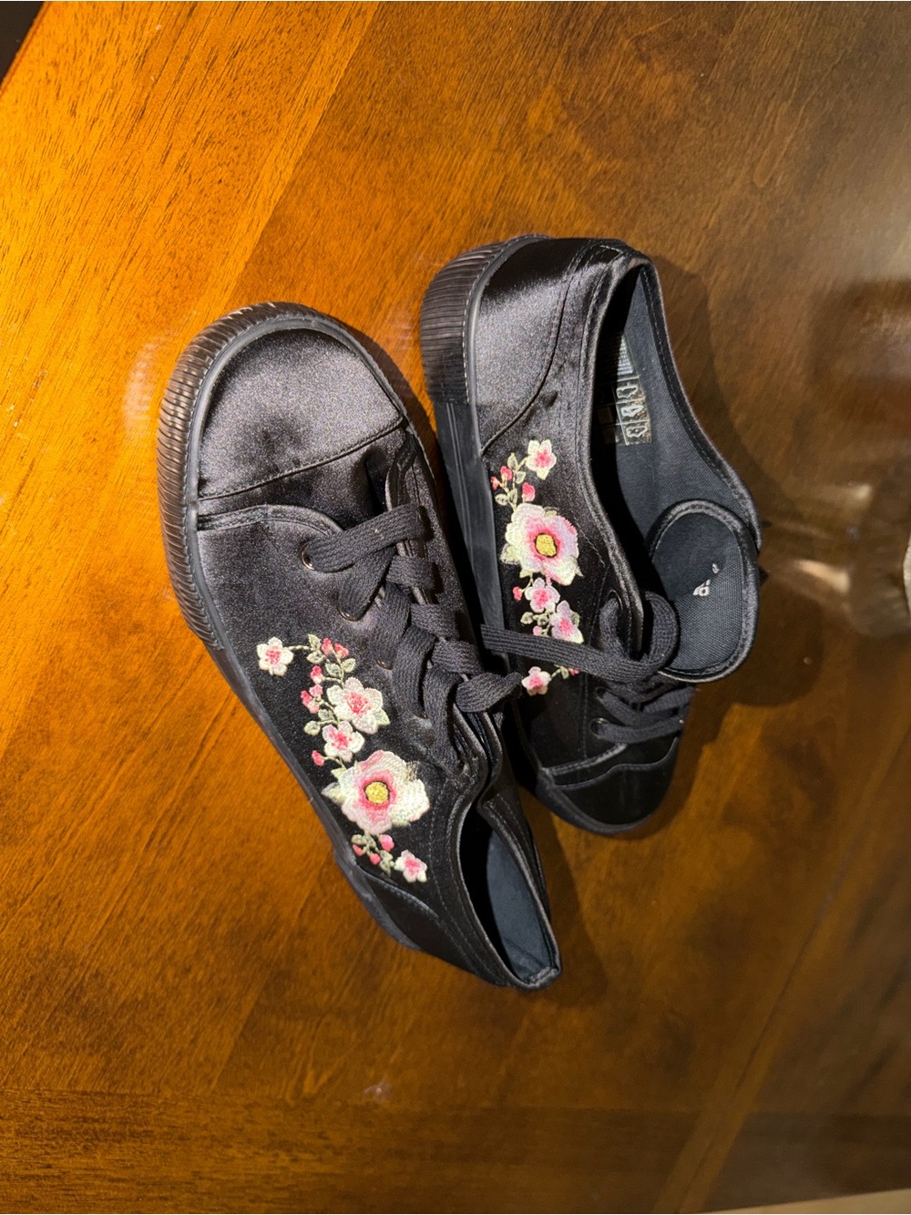 H&M Black Satin Sneakers with Pink and Cream Floral Embroidery